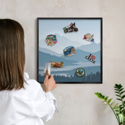 Metal wall board for magnets in a black frame Mountain harmony