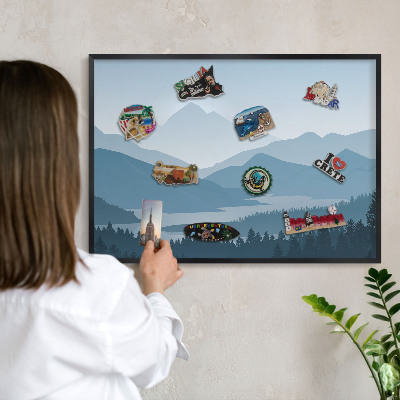 Metal wall board for magnets in a black frame Mountain harmony