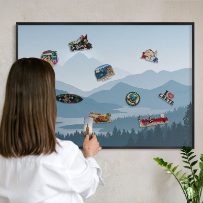 Metal wall board for magnets in a black frame Mountain harmony