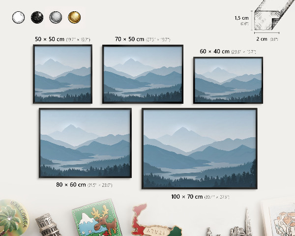 Metal wall board for magnets in a black frame Mountain harmony