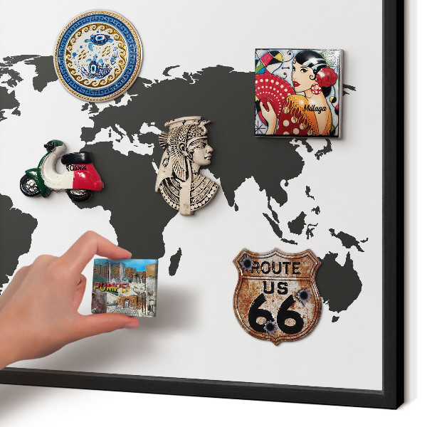 Metal wall board for magnets in a black frame World map