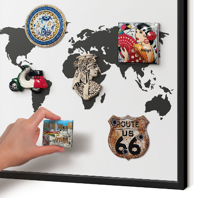 Metal wall board for magnets in a black frame World map