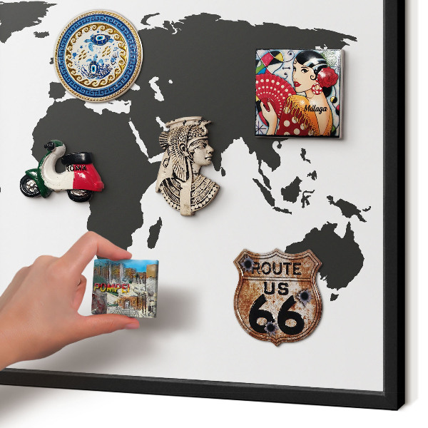 Metal wall board for magnets in a black frame World map