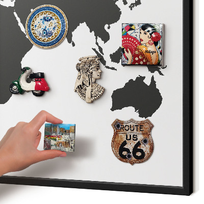 Metal wall board for magnets in a black frame World map