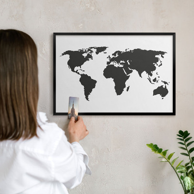Metal wall board for magnets in a black frame World map