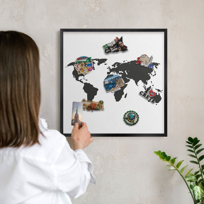 Metal wall board for magnets in a black frame World map