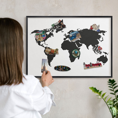 Metal wall board for magnets in a black frame World map