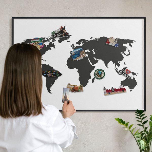Metal wall board for magnets in a black frame World map