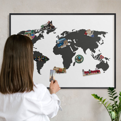 Metal wall board for magnets in a black frame World map