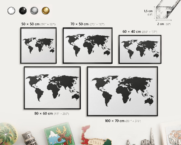 Metal wall board for magnets in a black frame World map