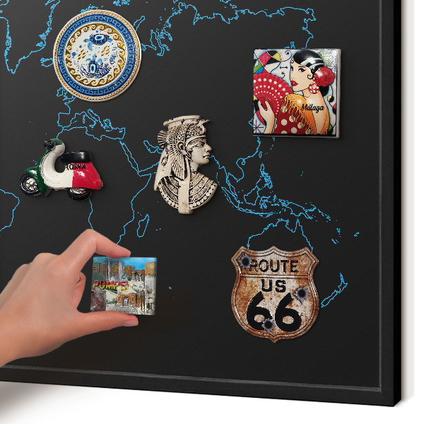 Vacation magnet board with a black frame World map