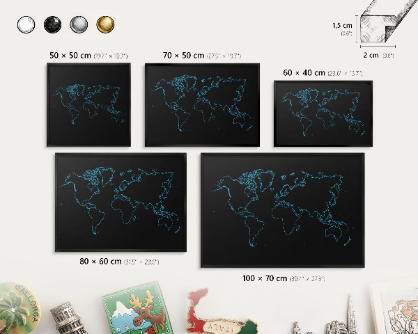 Vacation magnet board with a black frame World map
