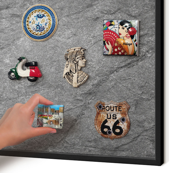 Metal wall board for magnets in a black frame Gray stone