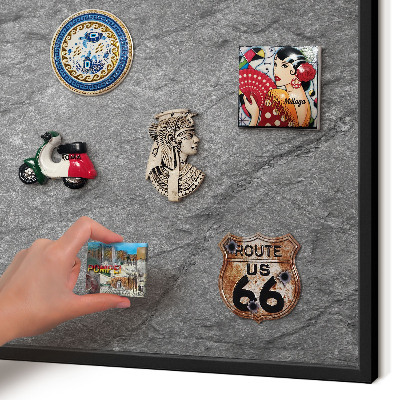 Metal wall board for magnets in a black frame Gray stone
