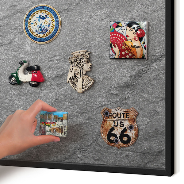 Metal wall board for magnets in a black frame Gray stone