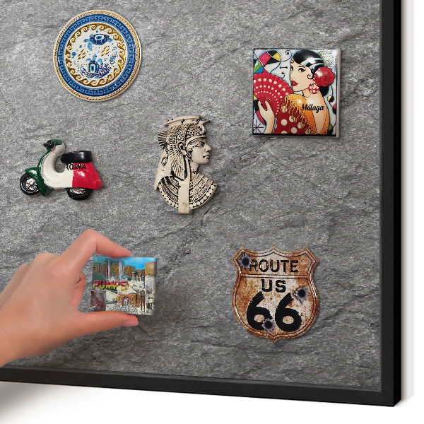 Metal wall board for magnets in a black frame Gray stone
