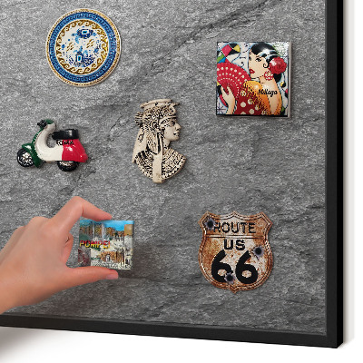 Metal wall board for magnets in a black frame Gray stone
