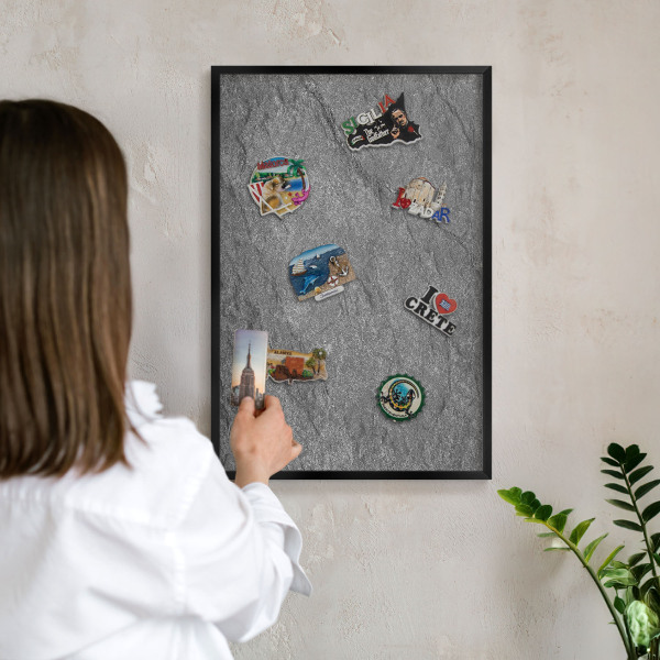 Metal wall board for magnets in a black frame Gray stone