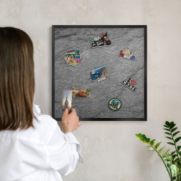 Metal wall board for magnets in a black frame Gray stone