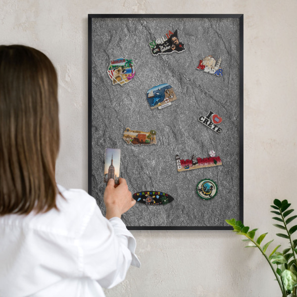 Metal wall board for magnets in a black frame Gray stone