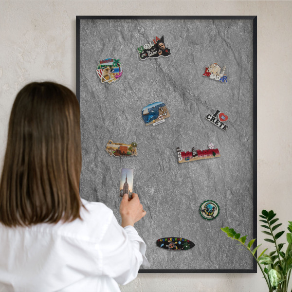 Metal wall board for magnets in a black frame Gray stone