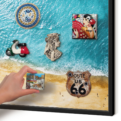Metal wall board for magnets in a black frame Sea and beach