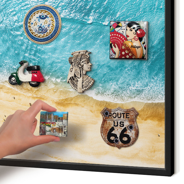 Metal wall board for magnets in a black frame Sea and beach