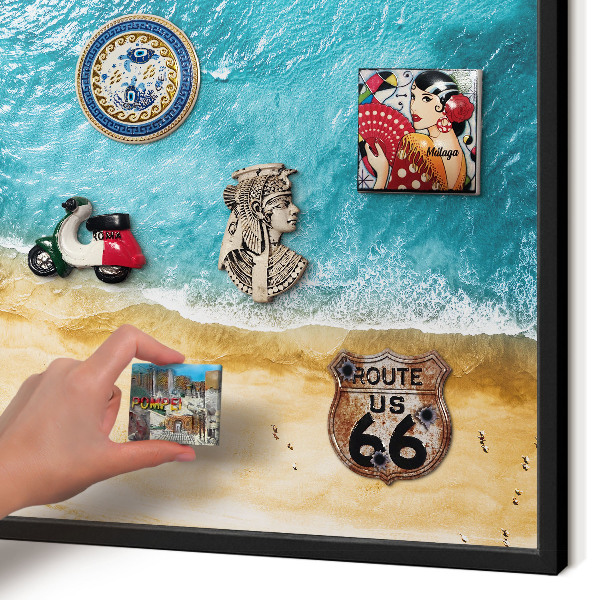 Metal wall board for magnets in a black frame Sea and beach