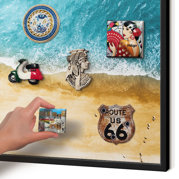 Metal wall board for magnets in a black frame Sea and beach
