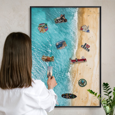 Metal wall board for magnets in a black frame Sea and beach