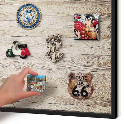 Metal wall board for magnets in a black frame Wooden texture