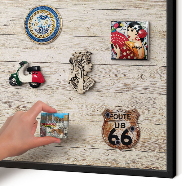 Metal wall board for magnets in a black frame Wooden texture