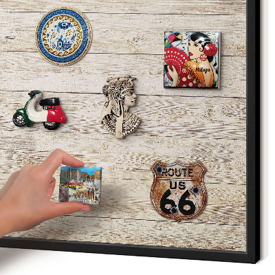 Metal wall board for magnets in a black frame Wooden texture