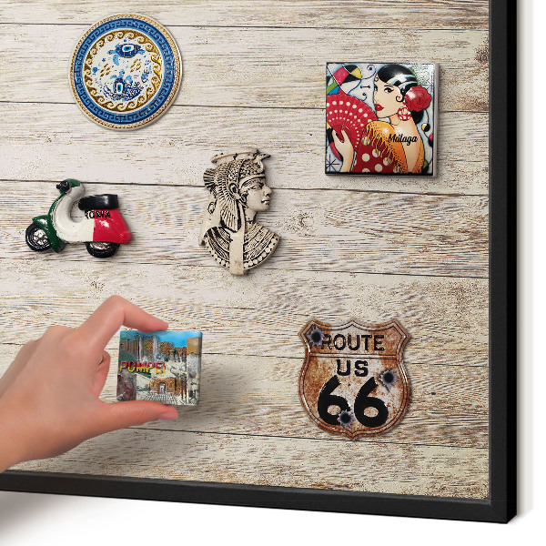 Metal wall board for magnets in a black frame Wooden texture