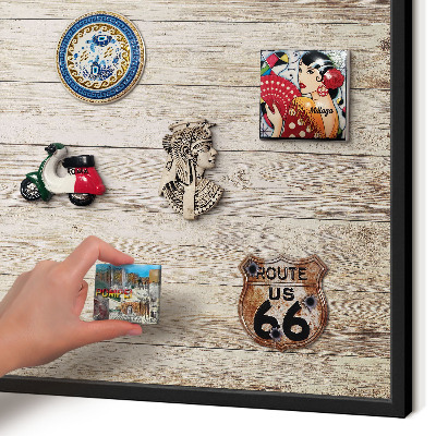 Metal wall board for magnets in a black frame Wooden texture