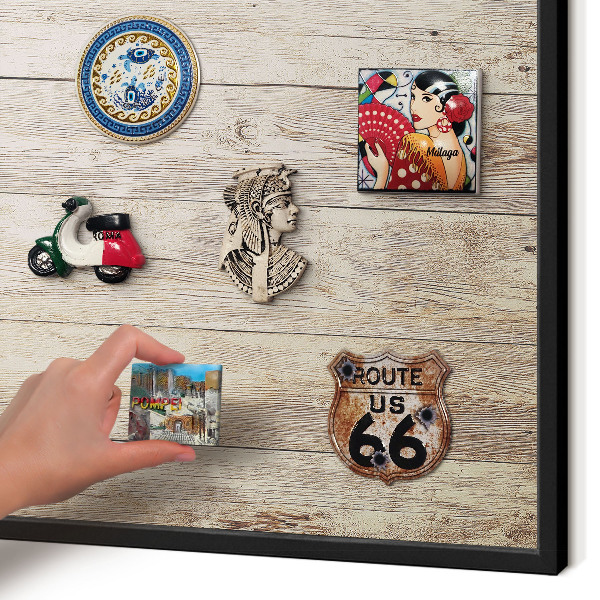 Metal wall board for magnets in a black frame Wooden texture