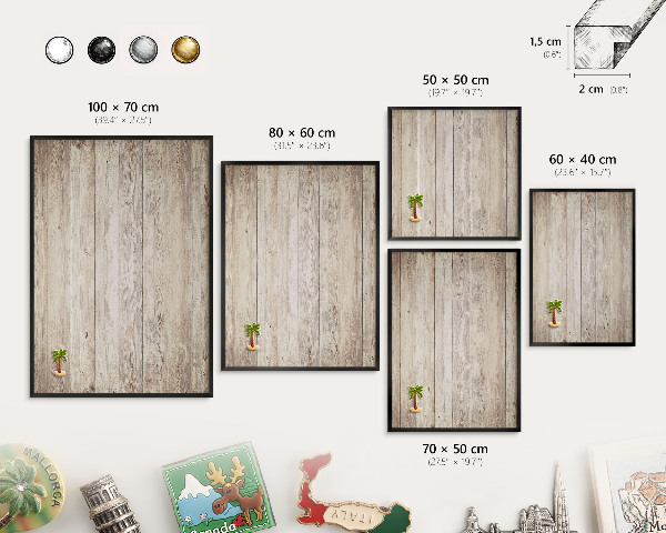 Metal wall board for magnets in a black frame Wooden texture