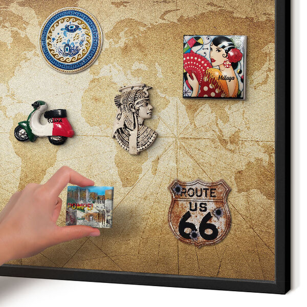 Metal wall board for magnets in a black frame Old map