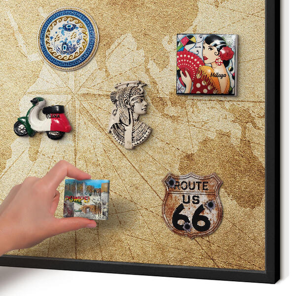 Metal wall board for magnets in a black frame Old map