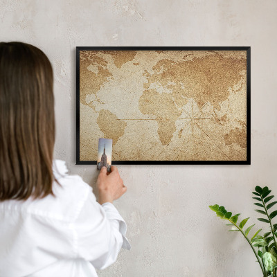 Metal wall board for magnets in a black frame Old map
