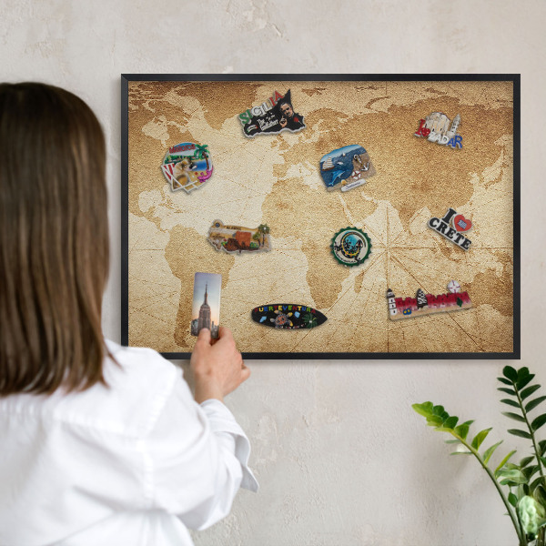Metal wall board for magnets in a black frame Old map