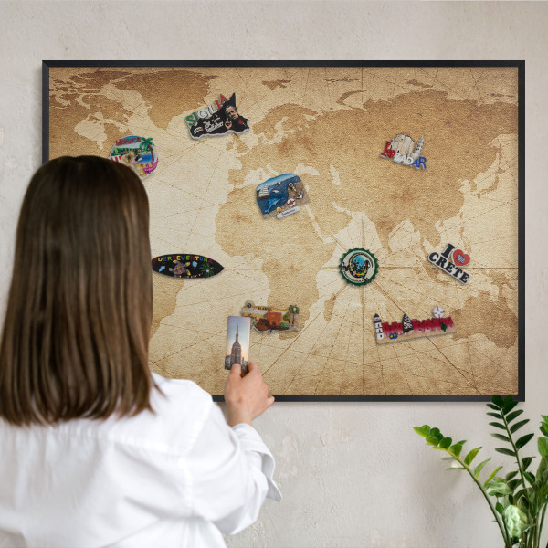 Metal wall board for magnets in a black frame Old map