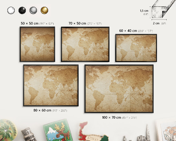 Metal wall board for magnets in a black frame Old map