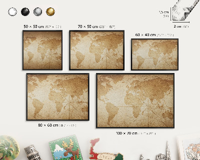 Metal wall board for magnets in a black frame Old map