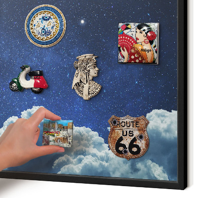 Metal wall board for magnets in a black frame Cosmic night