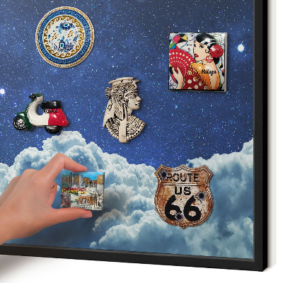 Metal wall board for magnets in a black frame Cosmic night