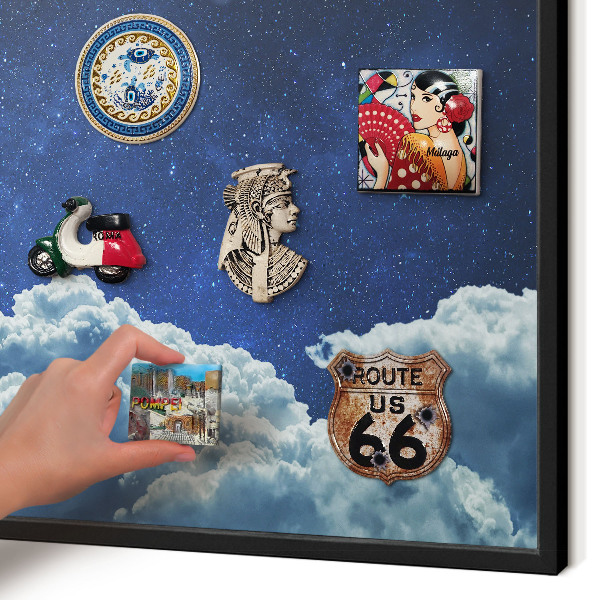 Metal wall board for magnets in a black frame Cosmic night