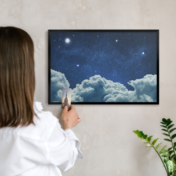 Metal wall board for magnets in a black frame Cosmic night