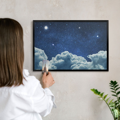 Metal wall board for magnets in a black frame Cosmic night