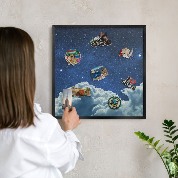 Metal wall board for magnets in a black frame Cosmic night